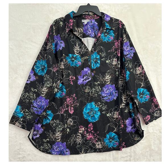 New Catherines Black Floral Top 1X Half Zip Flowy Boho Peasant - Picture 1 of 10